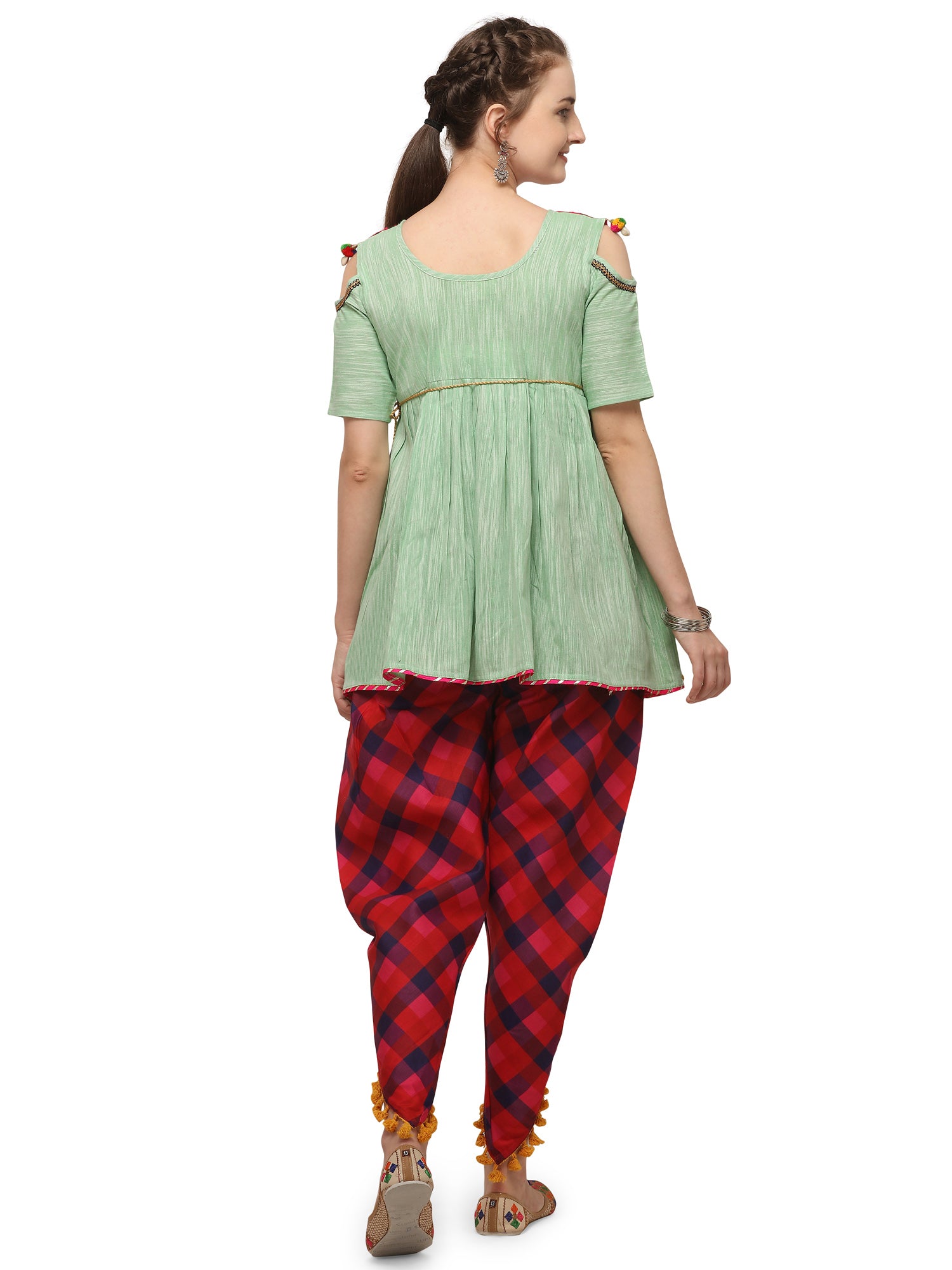 Parrot Green Elephant Embroidered yoke colorful kedia and pink chex tulip pants (MF1507)