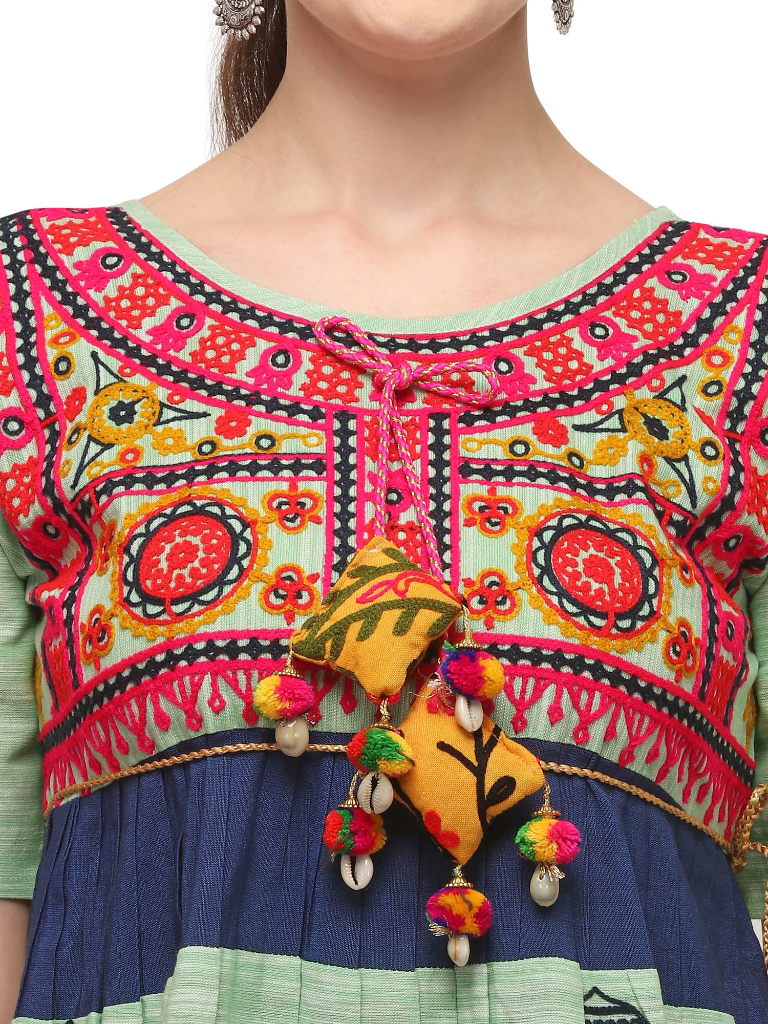 Parrot Green Elephant Embroidered yoke colorful kedia and pink chex tulip pants (MF1507)