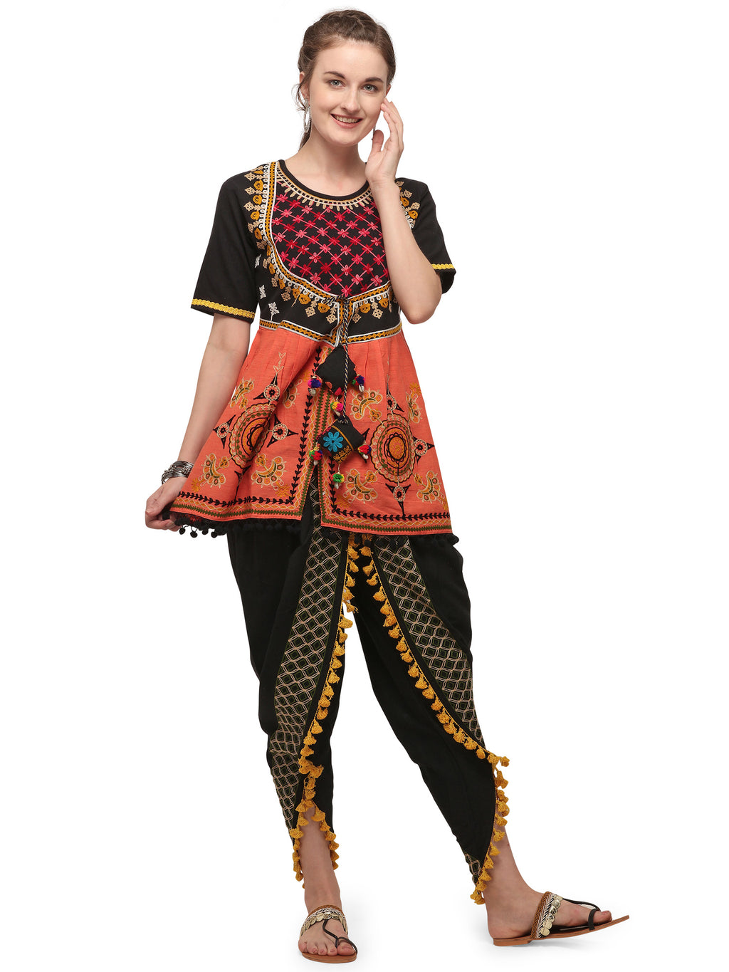 Black maharani yoke embroidered colorful kedia with black tulip pant (MF1510)