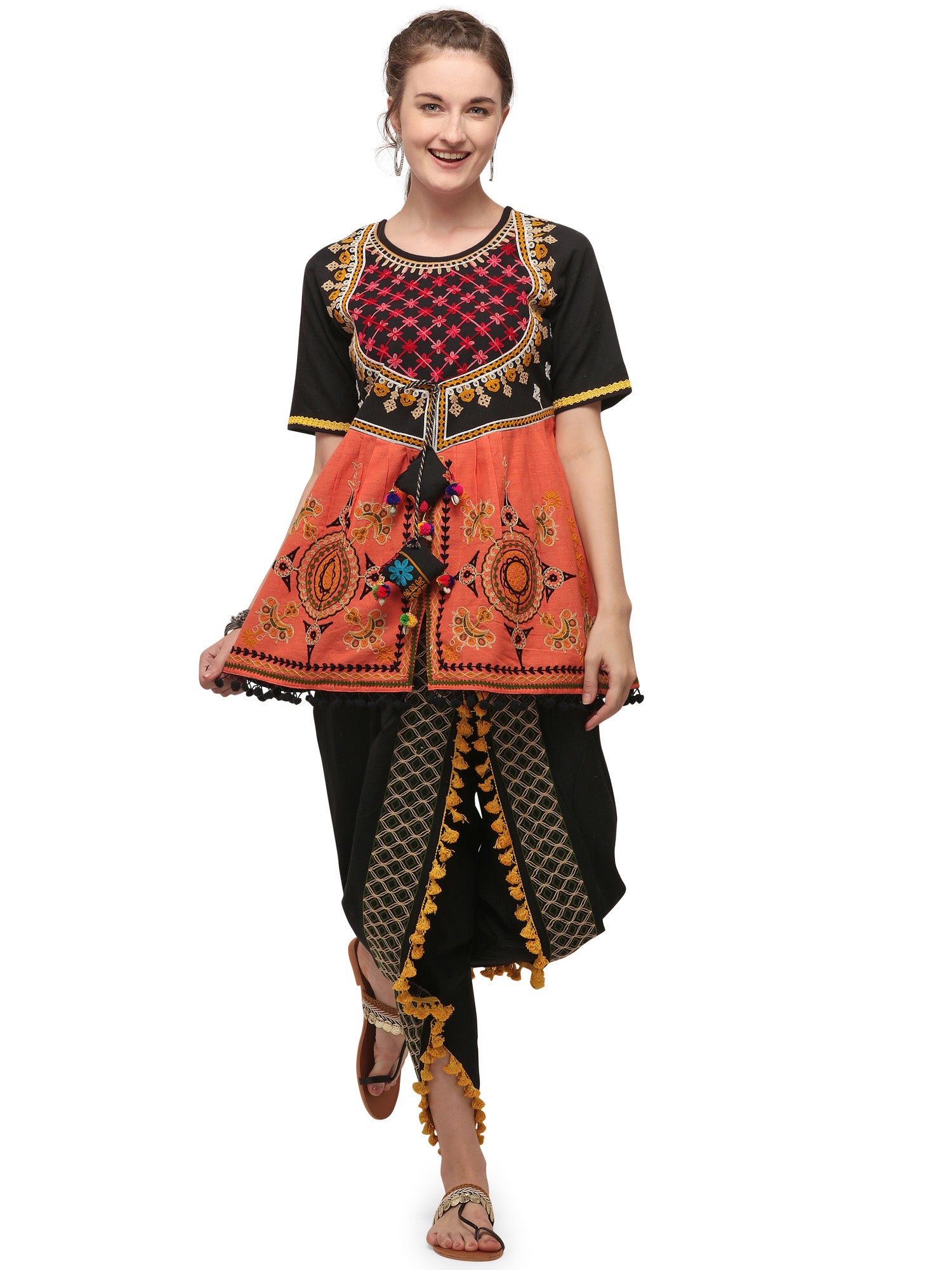 Black maharani yoke embroidered colorful kedia with black tulip pant (MF1510)