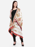 Premium Off-White Heavily Aari Embroidered Handloom Cotton Shawl/Dupatta With Wine Cotton Tassel_MF1600