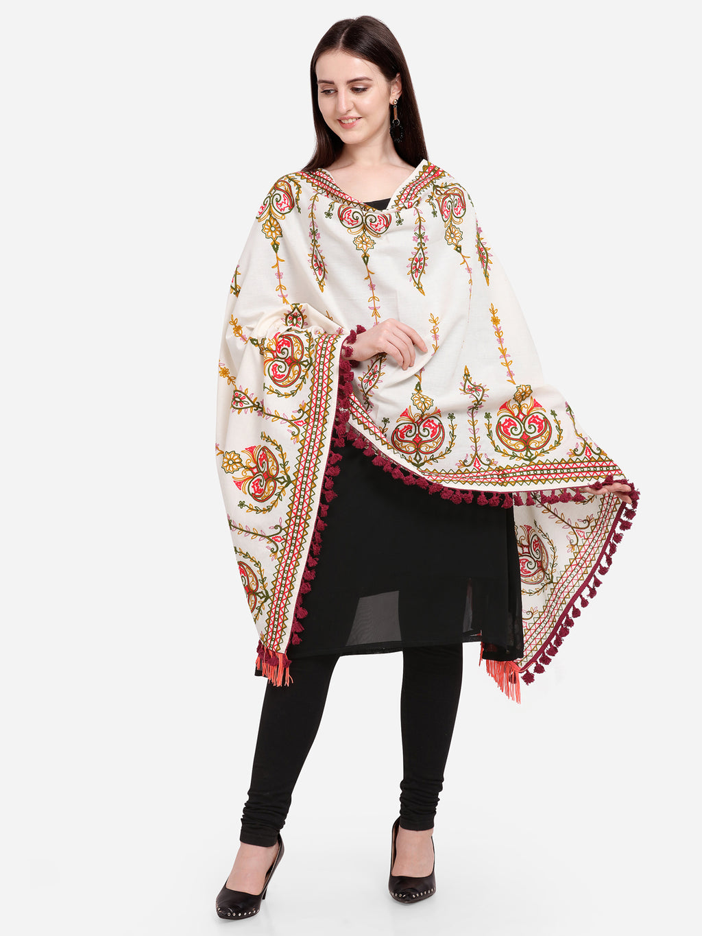 Premium Off-White Heavily Aari Embroidered Handloom Cotton Shawl/Dupatta With Wine Cotton Tassel_MF1600