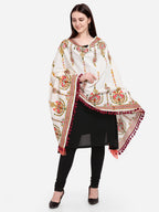 Premium Off-White Heavily Aari Embroidered Handloom Cotton Shawl/Dupatta With Wine Cotton Tassel_MF1600