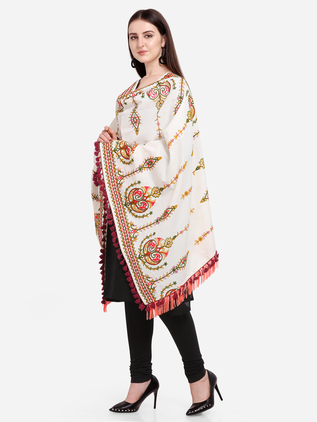 Premium Off-White Heavily Aari Embroidered Handloom Cotton Shawl/Dupatta With Wine Cotton Tassel_MF1600