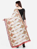 Premium Off-White Heavily Aari Embroidered Handloom Cotton Shawl/Dupatta With Wine Cotton Tassel_MF1600