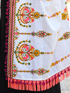 Premium Off-White Heavily Aari Embroidered Handloom Cotton Shawl/Dupatta With Wine Cotton Tassel_MF1600