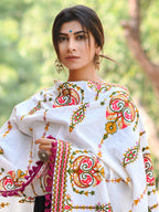 Premium Off-White Heavily Aari Embroidered Handloom Cotton Shawl/Dupatta With Wine Cotton Tassel_MF1600
