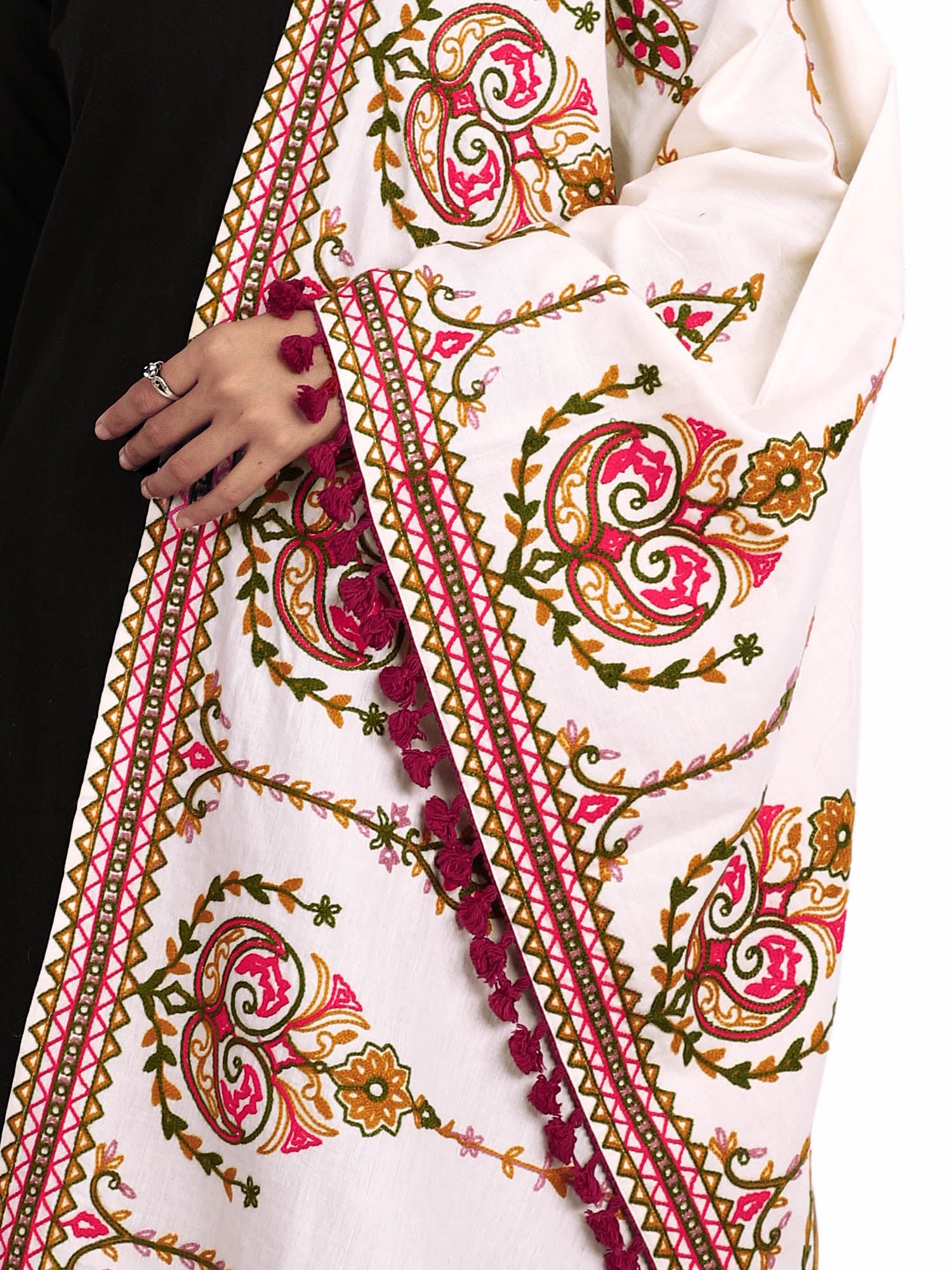 Premium Off-White Heavily Aari Embroidered Handloom Cotton Shawl/Dupatta With Wine Cotton Tassel_MF1600