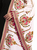 Premium Off-White Heavily Aari Embroidered Handloom Cotton Shawl/Dupatta With Wine Cotton Tassel_MF1600