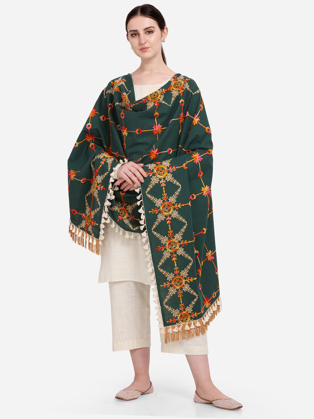 Premium Poison Green Heavily Aari Embroidered Handloom Cotton Shawl/Dupatta with Kaccha Tassel Lace_MF1601