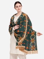 Premium Poison Green Heavily Aari Embroidered Handloom Cotton Shawl/Dupatta with Kaccha Tassel Lace_MF1601