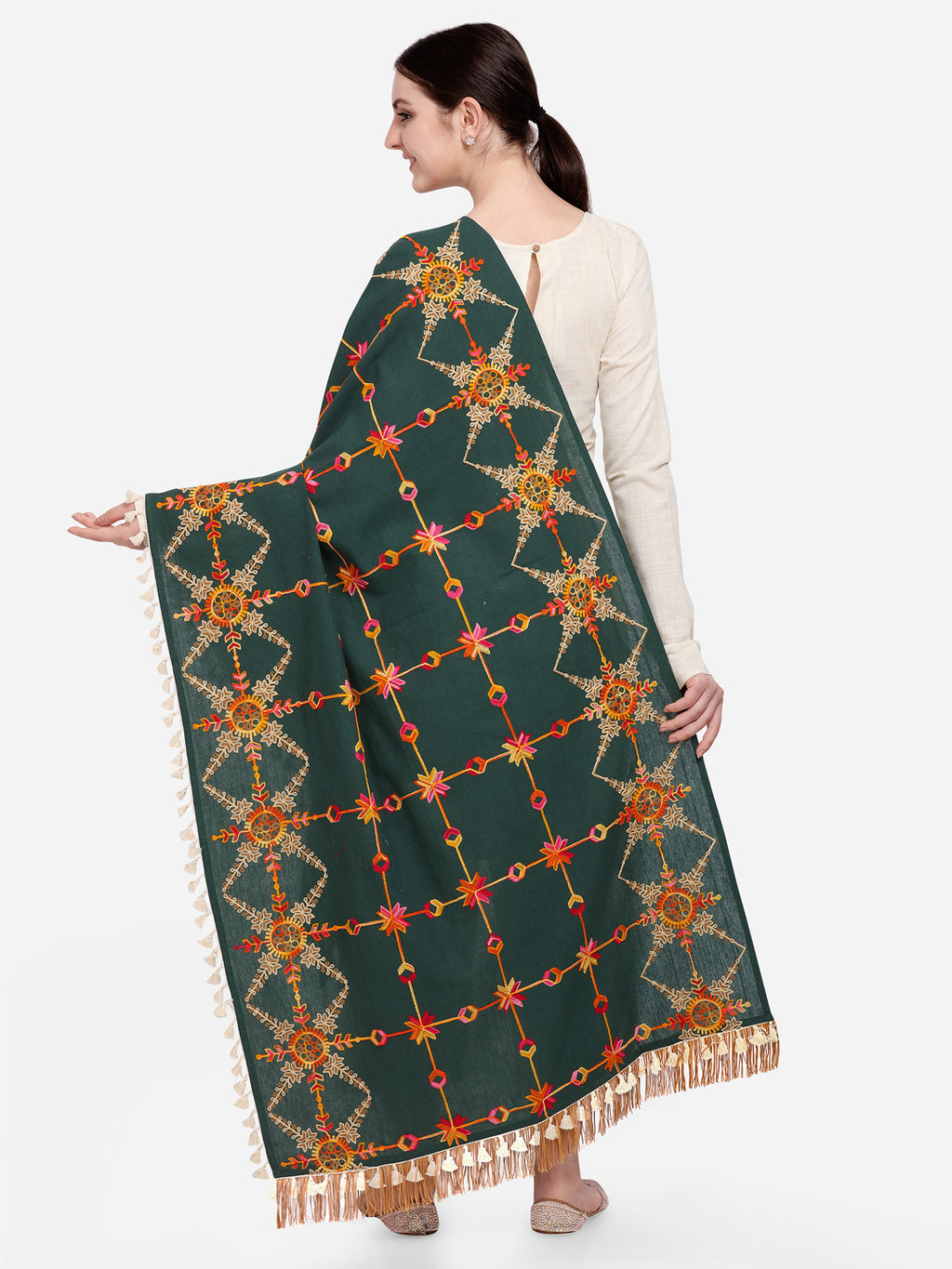 Premium Poison Green Heavily Aari Embroidered Handloom Cotton Shawl/Dupatta with Kaccha Tassel Lace_MF1601