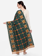Premium Poison Green Heavily Aari Embroidered Handloom Cotton Shawl/Dupatta with Kaccha Tassel Lace_MF1601