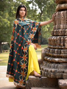 Premium Poison Green Heavily Aari Embroidered Handloom Cotton Shawl/Dupatta with Kaccha Tassel Lace_MF1601