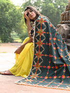 Premium Poison Green Heavily Aari Embroidered Handloom Cotton Shawl/Dupatta with Kaccha Tassel Lace_MF1601