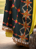 Premium Poison Green Heavily Aari Embroidered Handloom Cotton Shawl/Dupatta with Kaccha Tassel Lace_MF1601
