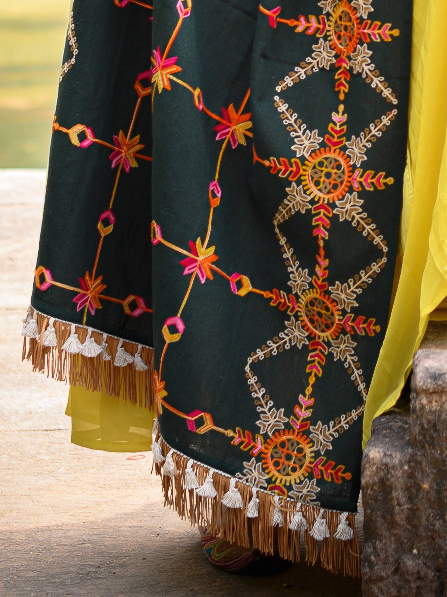 Premium Poison Green Heavily Aari Embroidered Handloom Cotton Shawl/Dupatta with Kaccha Tassel Lace_MF1601