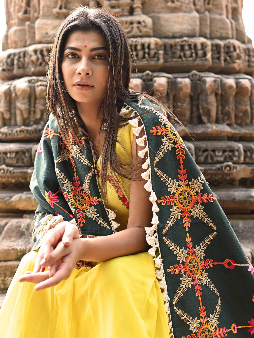 Premium Poison Green Heavily Aari Embroidered Handloom Cotton Shawl/Dupatta with Kaccha Tassel Lace_MF1601