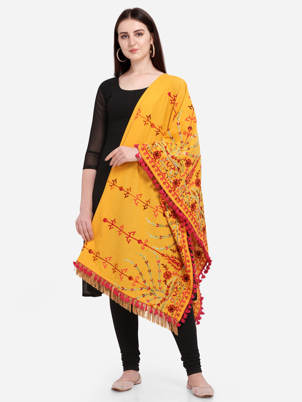 Premium Mustard Floral Aari Embroidered Handloom Cotton Shawl/Dupatta With Wine Cotton Tassel Lace _MF1602