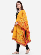 Premium Mustard Floral Aari Embroidered Handloom Cotton Shawl/Dupatta With Wine Cotton Tassel Lace _MF1602