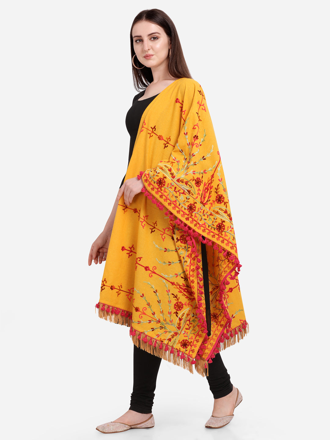 Premium Mustard Floral Aari Embroidered Handloom Cotton Shawl/Dupatta With Wine Cotton Tassel Lace _MF1602
