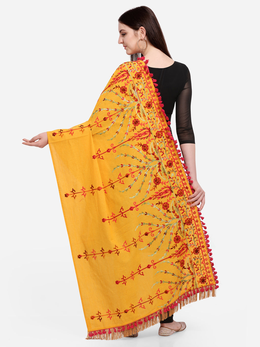 Premium Mustard Floral Aari Embroidered Handloom Cotton Shawl/Dupatta With Wine Cotton Tassel Lace _MF1602
