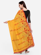 Premium Mustard Floral Aari Embroidered Handloom Cotton Shawl/Dupatta With Wine Cotton Tassel Lace _MF1602
