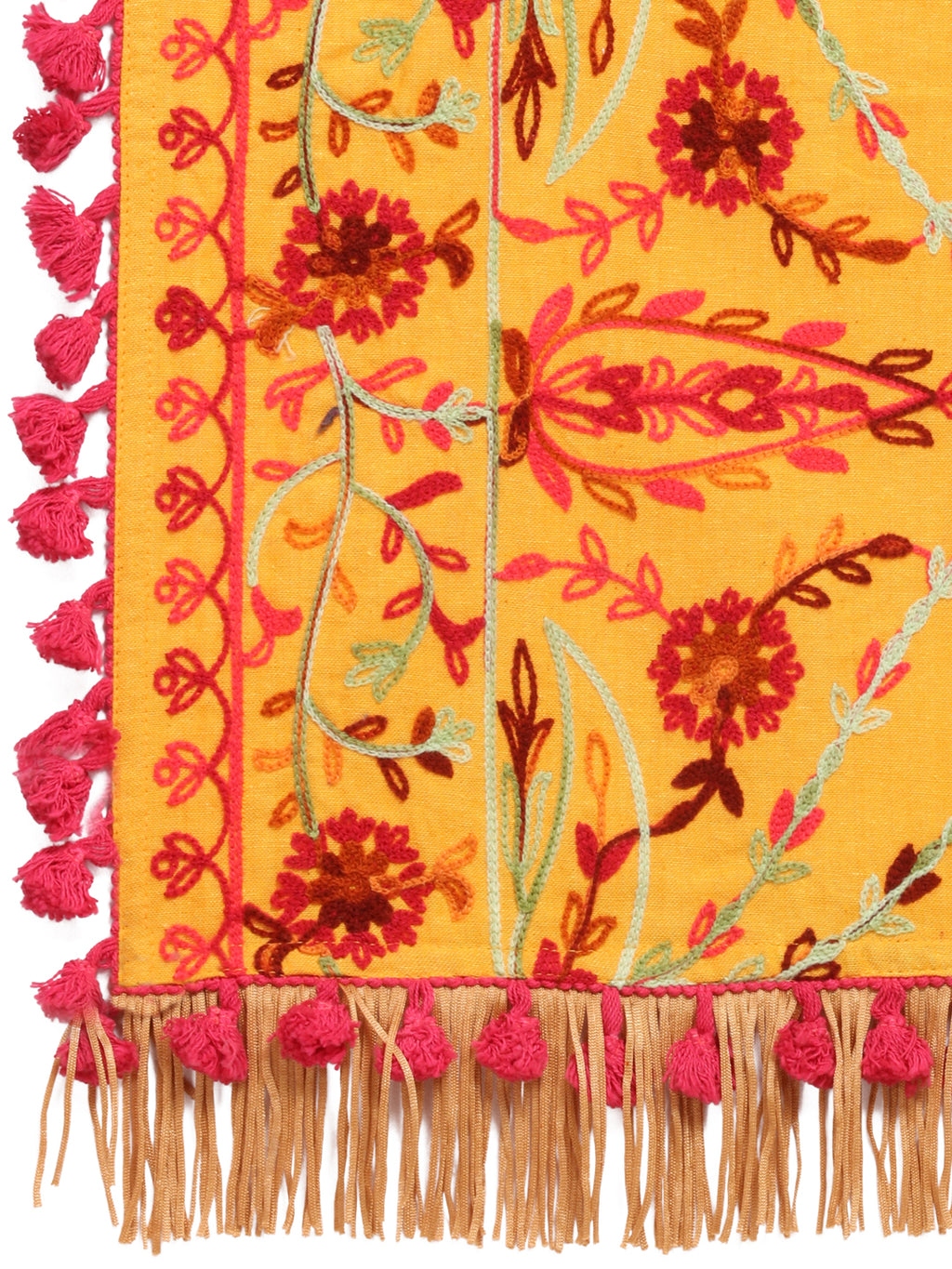 Premium Mustard Floral Aari Embroidered Handloom Cotton Shawl/Dupatta With Wine Cotton Tassel Lace _MF1602