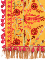 Premium Mustard Floral Aari Embroidered Handloom Cotton Shawl/Dupatta With Wine Cotton Tassel Lace _MF1602
