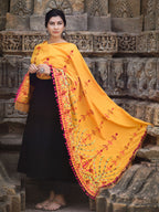 Premium Mustard Floral Aari Embroidered Handloom Cotton Shawl/Dupatta With Wine Cotton Tassel Lace _MF1602