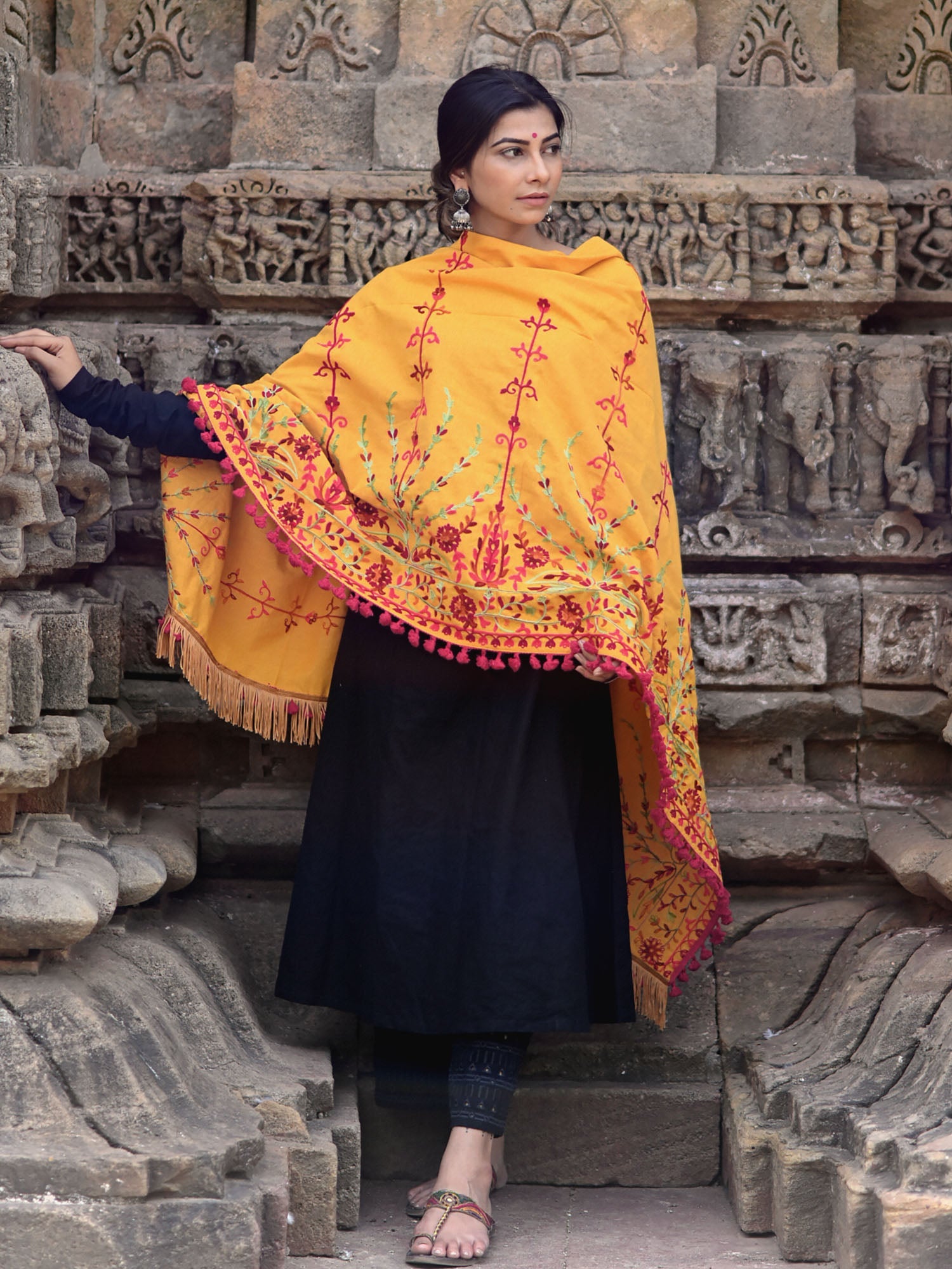 Premium Mustard Floral Aari Embroidered Handloom Cotton Shawl/Dupatta With Wine Cotton Tassel Lace _MF1602