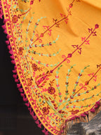 Premium Mustard Floral Aari Embroidered Handloom Cotton Shawl/Dupatta With Wine Cotton Tassel Lace _MF1602