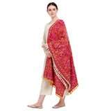 Premium Red Tribal Motif Aari Embroidered Handloom Cotton Shawl/Dupatta With Lemon Cotton Lace _MF1603