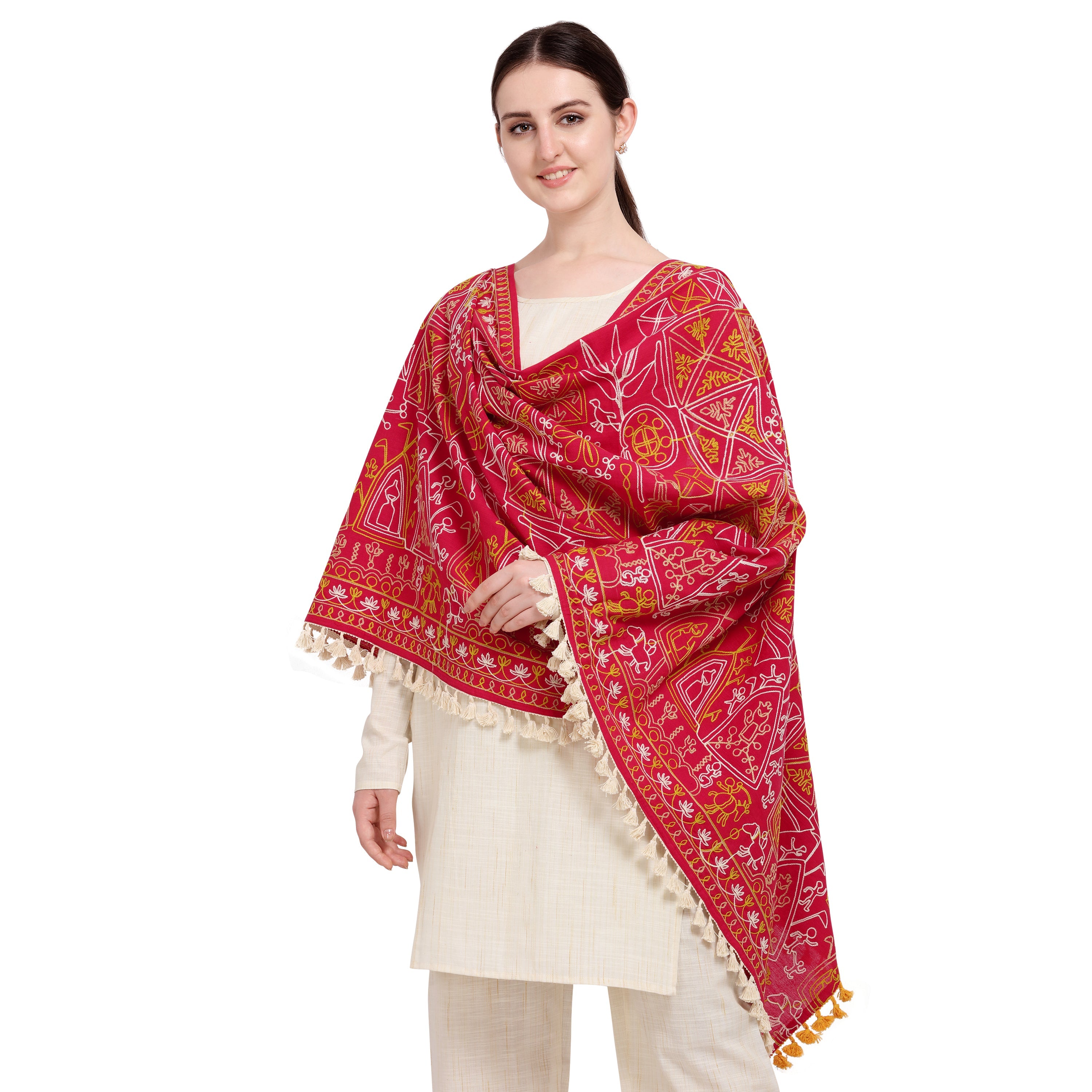 Premium Red Tribal Motif Aari Embroidered Handloom Cotton Shawl/Dupatta With Lemon Cotton Lace _MF1603