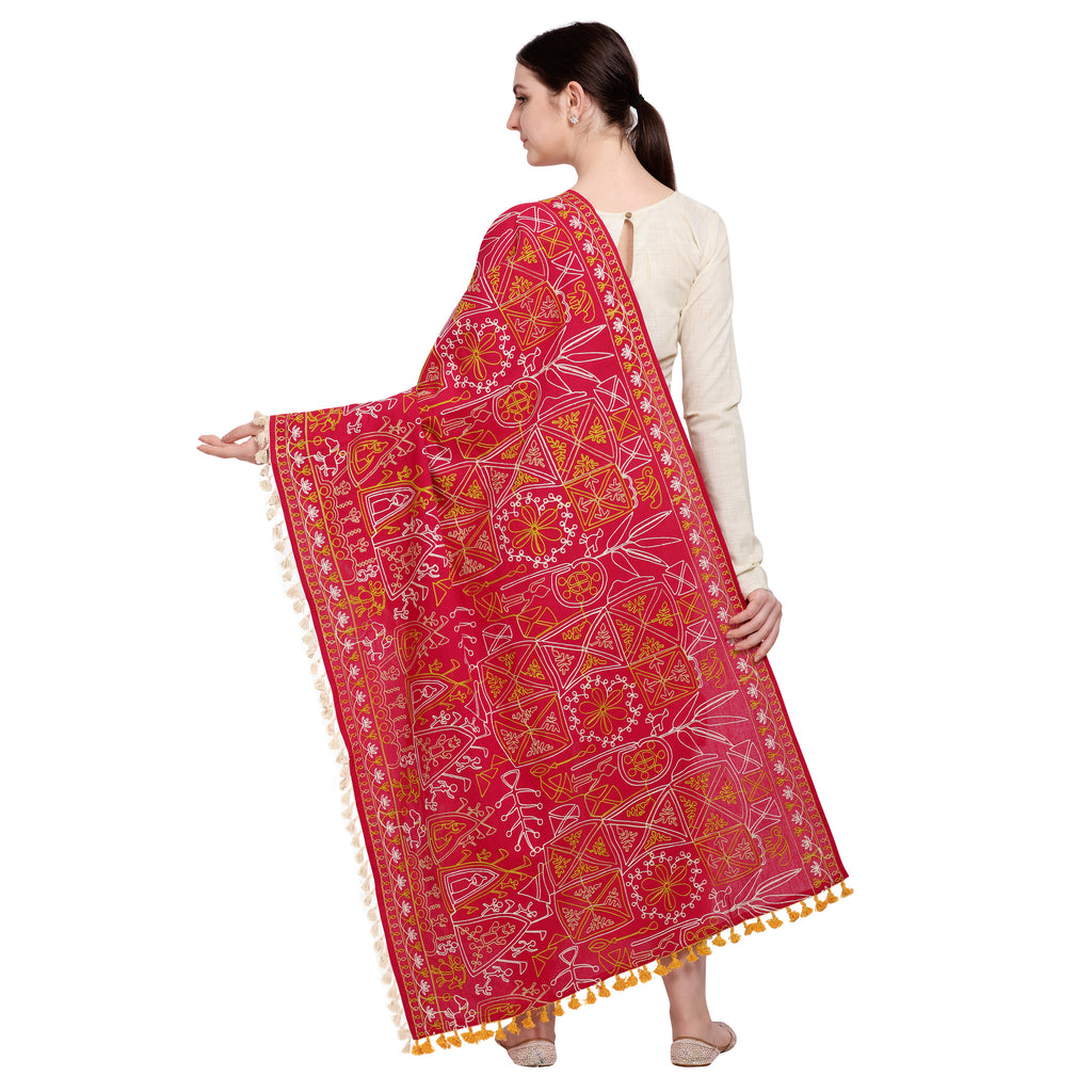 Premium Red Tribal Motif Aari Embroidered Handloom Cotton Shawl/Dupatta With Lemon Cotton Lace _MF1603