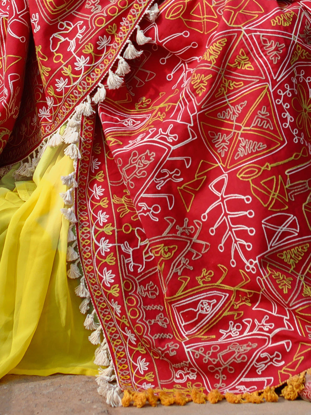 Premium Red Tribal Motif Aari Embroidered Handloom Cotton Shawl/Dupatta With Lemon Cotton Lace _MF1603