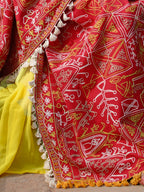 Premium Red Tribal Motif Aari Embroidered Handloom Cotton Shawl/Dupatta With Lemon Cotton Lace _MF1603
