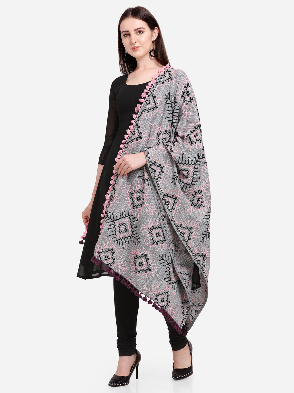 Premium Grey Tribal Aari Embrodiered Slub Handloom Cotton Shawl/Dupatta With Baby Pink Cotton Lace _MF1604