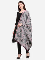 Premium Grey Tribal Aari Embrodiered Slub Handloom Cotton Shawl/Dupatta With Baby Pink Cotton Lace _MF1604