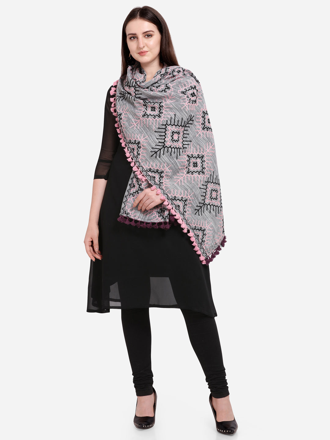 Premium Grey Tribal Aari Embrodiered Slub Handloom Cotton Shawl/Dupatta With Baby Pink Cotton Lace _MF1604