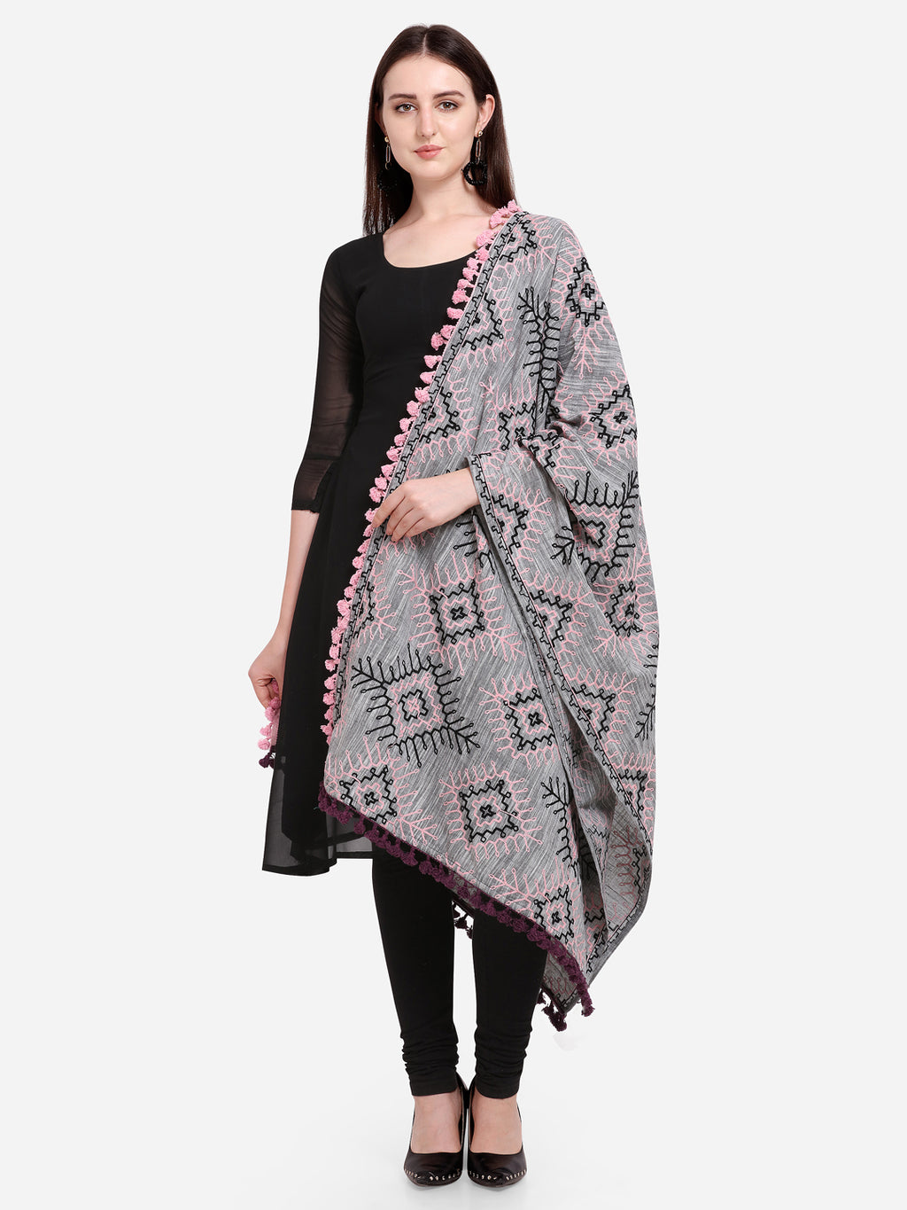 Premium Grey Tribal Aari Embrodiered Slub Handloom Cotton Shawl/Dupatta With Baby Pink Cotton Lace _MF1604