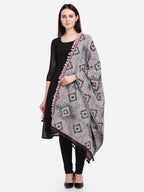 Premium Grey Tribal Aari Embrodiered Slub Handloom Cotton Shawl/Dupatta With Baby Pink Cotton Lace _MF1604