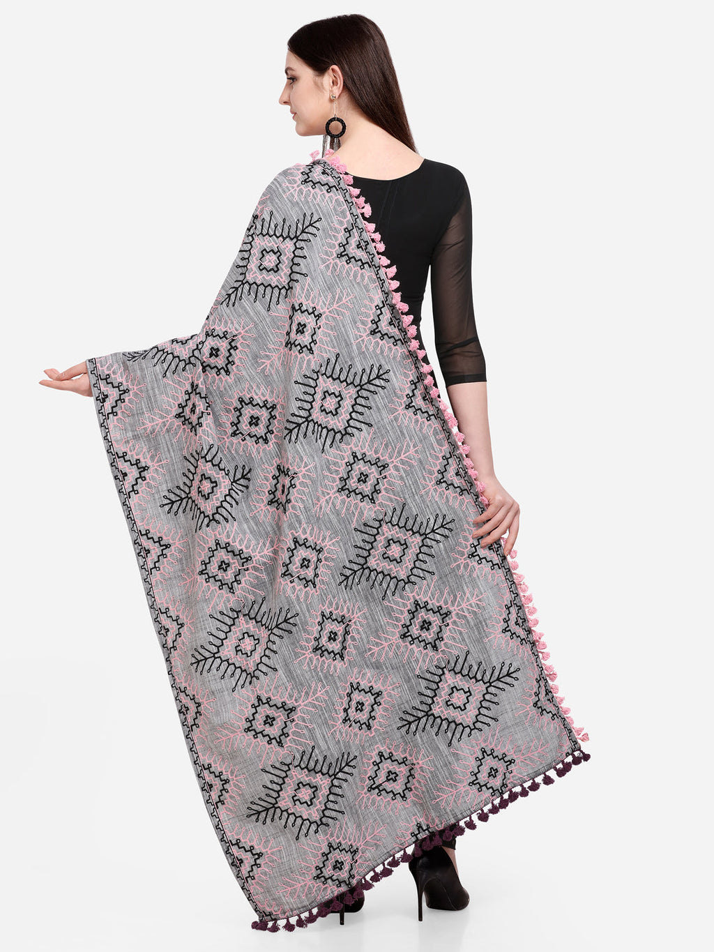 Premium Grey Tribal Aari Embrodiered Slub Handloom Cotton Shawl/Dupatta With Baby Pink Cotton Lace _MF1604