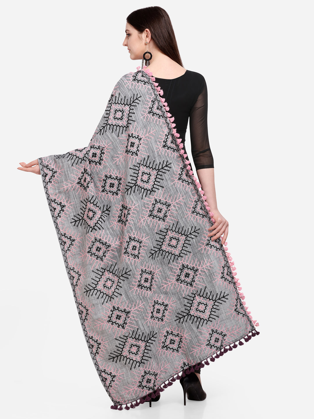 Premium Grey Tribal Aari Embrodiered Slub Handloom Cotton Shawl/Dupatta With Baby Pink Cotton Lace _MF1604