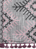 Premium Grey Tribal Aari Embrodiered Slub Handloom Cotton Shawl/Dupatta With Baby Pink Cotton Lace _MF1604