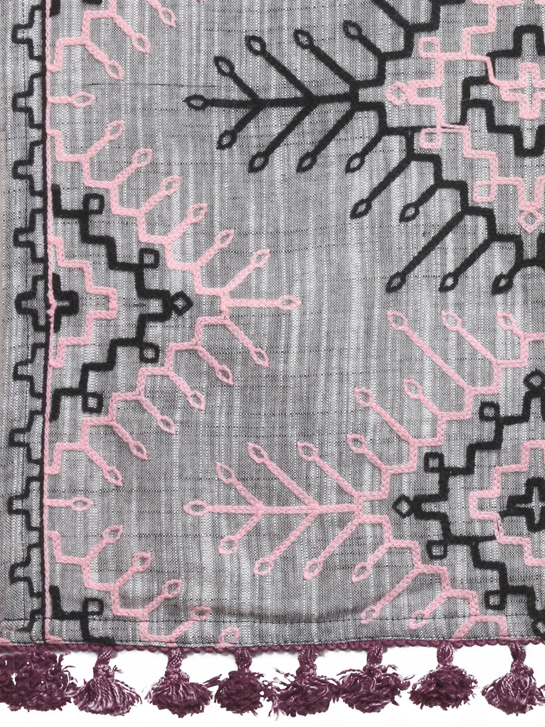 Premium Grey Tribal Aari Embrodiered Slub Handloom Cotton Shawl/Dupatta With Baby Pink Cotton Lace _MF1604