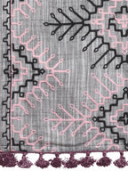 Premium Grey Tribal Aari Embrodiered Slub Handloom Cotton Shawl/Dupatta With Baby Pink Cotton Lace _MF1604