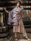 Premium Grey Tribal Aari Embrodiered Slub Handloom Cotton Shawl/Dupatta With Baby Pink Cotton Lace _MF1604