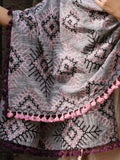 Premium Grey Tribal Aari Embrodiered Slub Handloom Cotton Shawl/Dupatta With Baby Pink Cotton Lace _MF1604
