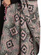 Premium Grey Tribal Aari Embrodiered Slub Handloom Cotton Shawl/Dupatta With Baby Pink Cotton Lace _MF1604